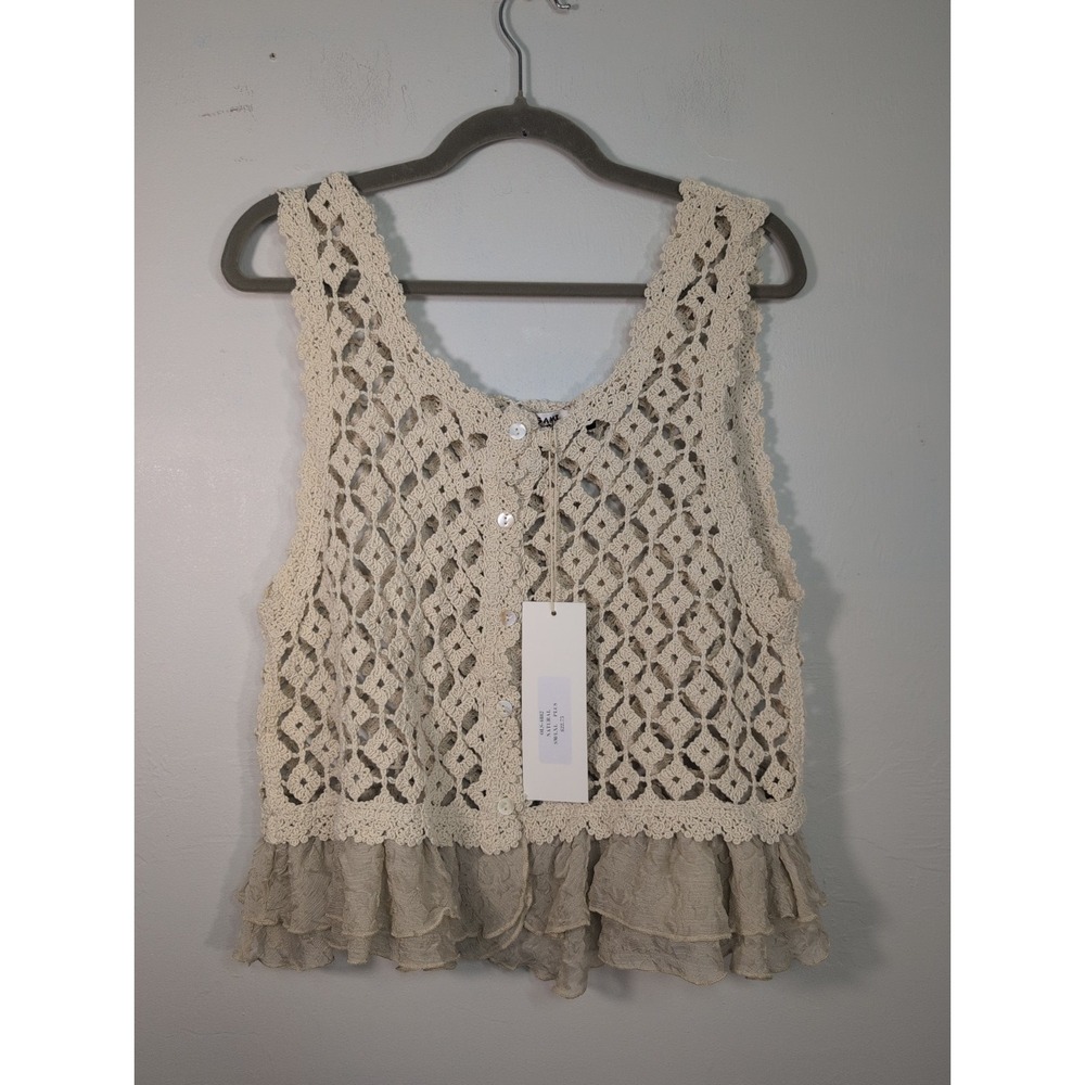 Origami Crochet Jacket Women's S Button Front Boho Cardigan Sleeveless New